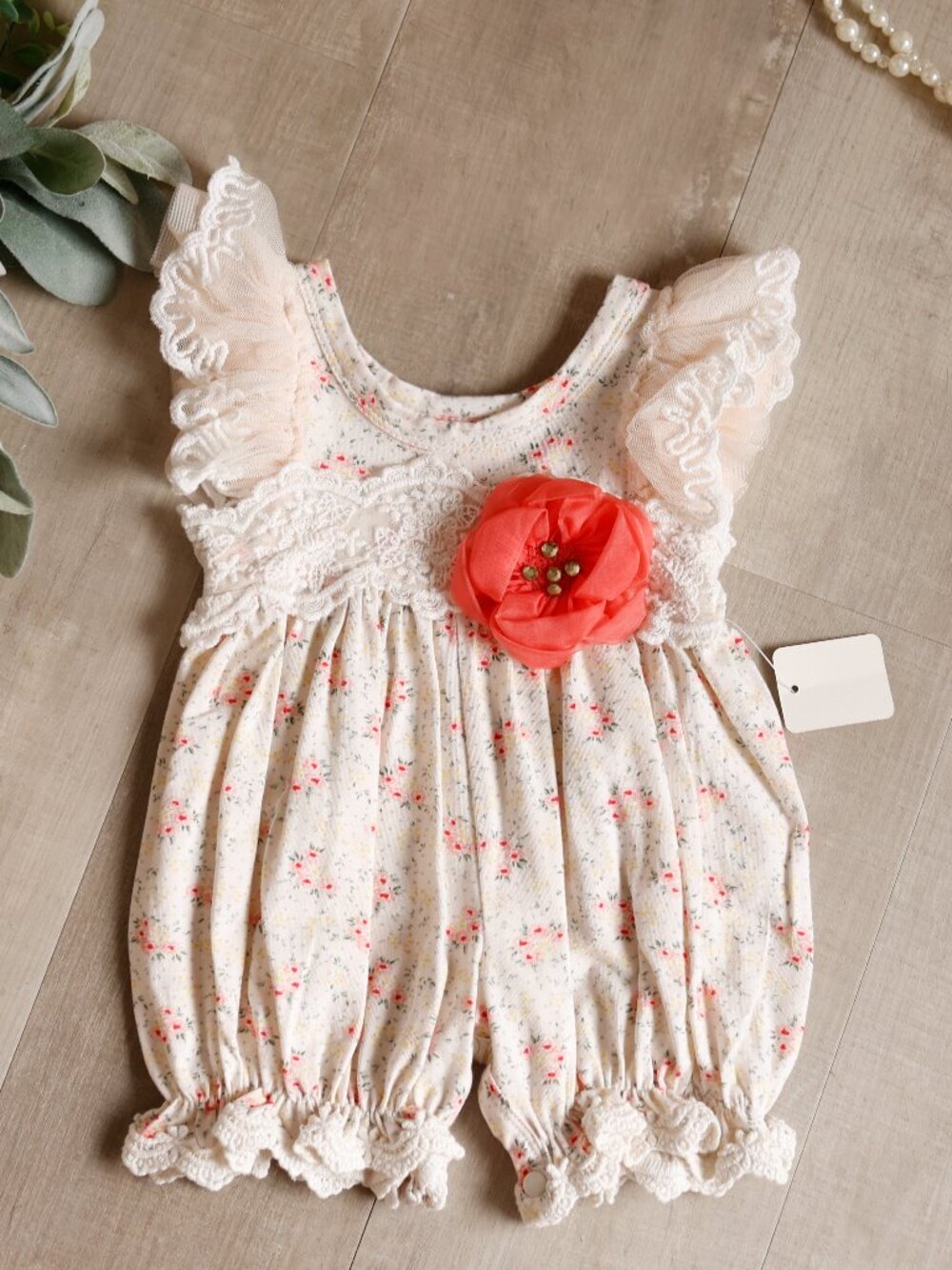 Embroidered Lace Romper NWT Couture Boutique Ivory Vintage Coral Floral 12 Month